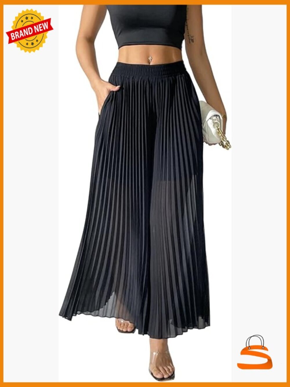 Chiffon Pleated Wide Leg Palazzo Pants Cropped Capris High Rise Elastic Waist